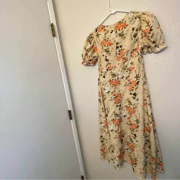 Floral midi dress sweetheart neckline button front puff sleeve feminine Dress XS - Picture 3 of 12